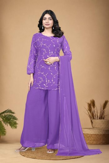 MODERN GEORGETTE EMBROIDERY WORK TOP SHARARA WITH DUPATTA PURPLE