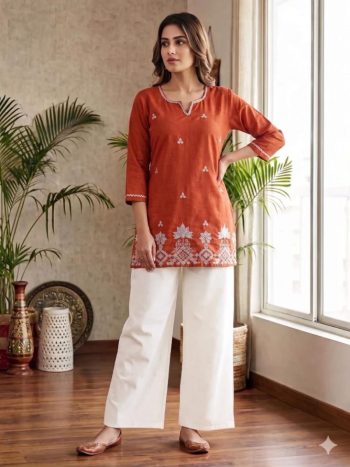 MODERN RAYON SLUB EMBROIDERY WORK TOP BOTTOM SET ORANGE