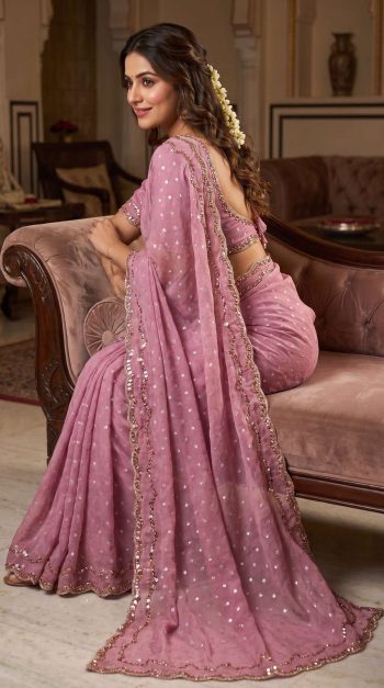 NEW ARRIVAL NC BUTTI SILK ROSE GOLD  BEADS WORK WITH CUT  WORK BORDER SAREE WITH UNSTITCHED BLOUSE ONION