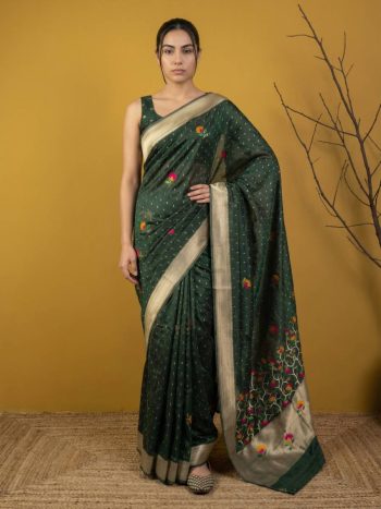 NEW ARRIVAL ORGANZA MEENAKARI ZARI WOVEN WORK SAREE WITH UNSTITCHED BLOUSE DARK GREEN