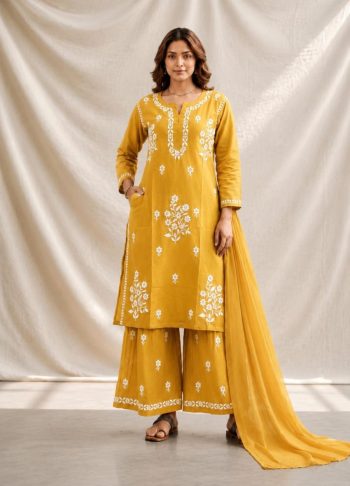NEW ARRIVAL RAYON COTTON SILK EMBROIDERY CHIKANKARI WORK TOP PALAZZO WITH DUPATTA YELLOW