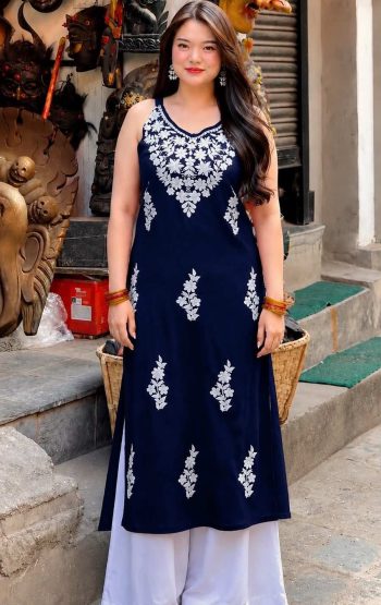 NEW ARRIVAL RAYON EMBROIDERY WORK KURTI PALAZZO SET NAVY BLUE