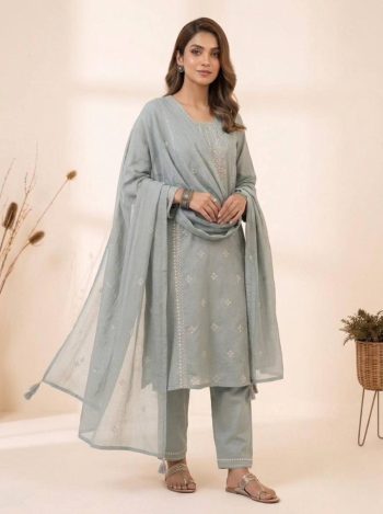NEW ARRIVAL ROMAN SEQUENCE EMBROIDERY WORK TOP BOTTOM WITH DUPATTA GREY