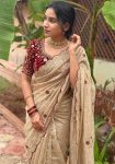 RICH LOOK FENDY SATIN EMBROIDERY WORK WITH SEQUENCE AND CUT WORK BORDER SAREE WITH STITCHED BLOUSE CREAM