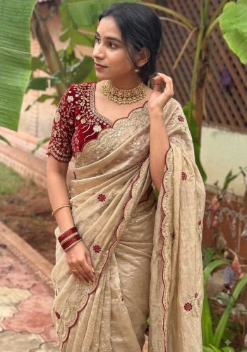 RICH LOOK FENDY SATIN EMBROIDERY WORK WITH SEQUENCE AND CUT WORK BORDER SAREE WITH STITCHED BLOUSE CREAM