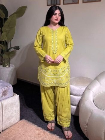 TRENDING ROMAN SILK EMBROIDERY WORK TOP PATIYALA SET YELLOW