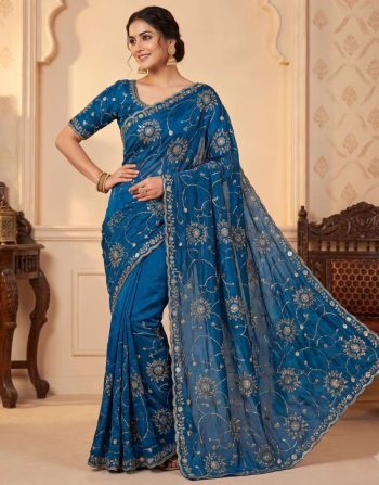 TRENDING SPACE SILK GOLD BEADS WORK SAREE WITH UNSTITCHED BLOUSE BLUE