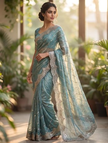 TRENDING SPACE SILK GOLD BEEDS BHUNGALI WORK  SAREE WITH UNSTITCHED BLOUSE SKY