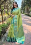 ATTRACTIVE KANCHIPURAM TISSUE  ZARI WEAVING WORK SAREE WITH UNSTITCHED BLOUSE PERROT GREEN