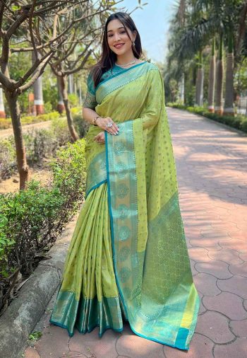 ATTRACTIVE KANCHIPURAM TISSUE  ZARI WEAVING WORK SAREE WITH UNSTITCHED BLOUSE PERROT GREEN