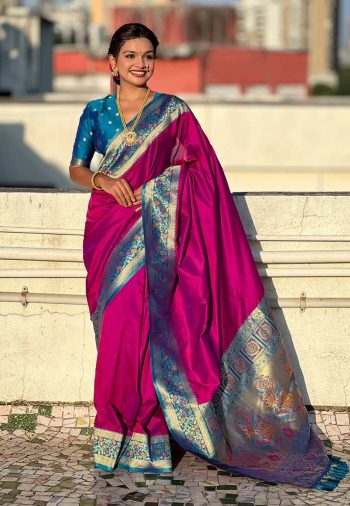 BOLLYWOOD SOFT SILK GALA PLAIN  WITH KADIYAL PAITHANI WEAVES WORK SAREE WITH UNSTITCHED BLOUSE RANI