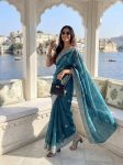DESIGNER FENDY CHIFFON SILK EMBROIDERY CUTWORK WORK WITH SWAROVSKI WORK SAREE WITH UNSTITCHED BLOUSE TEAL