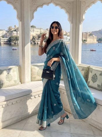 DESIGNER FENDY CHIFFON SILK EMBROIDERY CUTWORK WORK WITH SWAROVSKI WORK SAREE WITH UNSTITCHED BLOUSE TEAL