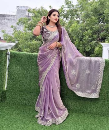 DESIGNER FENDY SATIN EMBROIDERY 3 MM SEQUENCE WORK HEAVY BORDER SAREE WITH STITCHED BLOUSE PURPLE