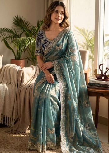 DESIGNER FENDY SATIN SEQUANCE AND ZARI EMBROIDERY WORK SAREE WITH STITCHED BLOUSE SKY