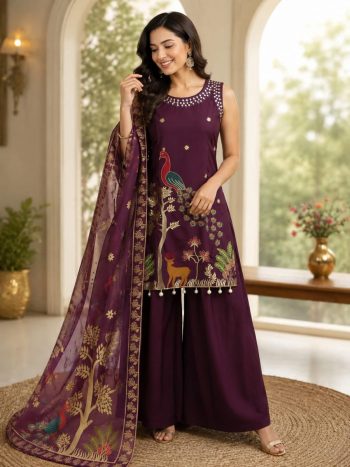 DESIGNER ROMAN SILK ORIGINAL MIRROR WORK WITH EMBROIDERY WORK TOP PALAZZO WITH DUPATTA WINE