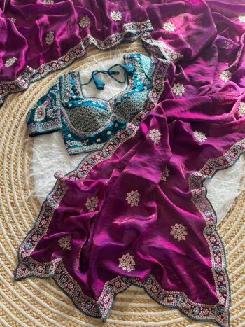 DESIGNER SATIN EMBROIDERY 3 MM SEQUENCE WORK HEAVY BORDER WITH BUTTA WORK SAREE WITH STITCHED BLOUSE WINE