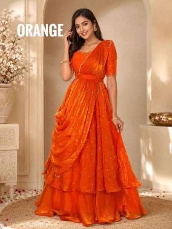 DESIGNER SPACE SILK SEQUENCE EMBROIDERY WORK LEHENGA CHOLI WITH DUPATTA ORANGE