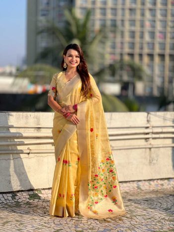 FABULOUS ORGANZA MEENAKARI ZARI WOVEN WORK SAREE WITH UNSTITCHED BLOUSE YELLOW