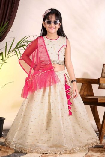 MODERN CHANDERI WEAVING DESIGN AND DORI LATKAN WORK KID'S LEHENGA CHOLI WITH DUPATTA OFF WHITE