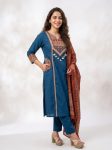 MODERN COTTON EMBROIDERY WORK TOP BOTTOM WITH DUPATTA BLUE