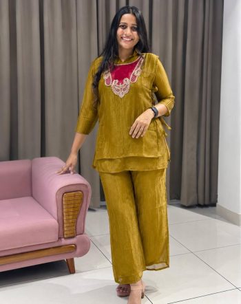 MODERN CRUNCHY SILK TOP AND PALAZZO SET WITH EMBROIDERY WORK WITH HANDWORK COIN HANGING WORK KOTI MUSTARD