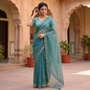 MODERN FANDY SATIN SILK ROSE GOLD  BEADS WORK WITH CUT  WORK BORDER SAREE WITH STITCH BLOUSE RAMA