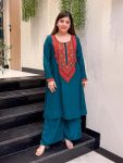 MODERN FRENCH CREPE EMBROIDERY WORK KURTI PALAZZO SET TEAL