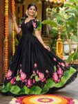 MODERN SILK LOTUS FLORAL DIGITAL PRINT WORK ANARKALI DRESS BLACK