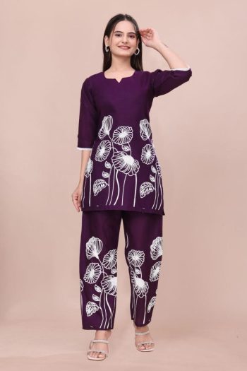 NEW ARRIVAL COTTON EMBROIDERY WORK CO-ORD SET PURPLE