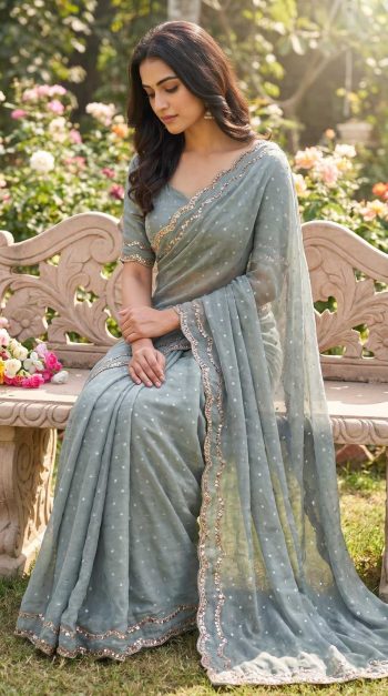 NEW ARRIVAL NC BUTTI SILK ROSE GOLD  BEADS WORK WITH CUT  WORK BORDER SAREE WITH UNSTITCHED BLOUSE GREY
