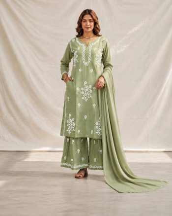 NEW ARRIVAL RAYON COTTON SILK EMBROIDERY CHIKANKARI WORK TOP PALAZZO WITH DUPATTA PISTA