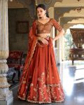RICH LOOK CHINON SILK EMBROIDERY SEQUENCE WORK LEHENGA CHOLI WITH DUPATTA ORANGE