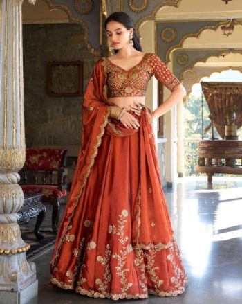 RICH LOOK CHINON SILK EMBROIDERY SEQUENCE WORK LEHENGA CHOLI WITH DUPATTA ORANGE