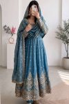 RICH LOOK JELLY SHIMMER SILK EMBROIDERY CODING & SEQUENCE WORK  GOWN BOTTOM WITH DUPATTA SKY
