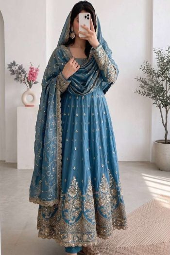 RICH LOOK JELLY SHIMMER SILK EMBROIDERY CODING & SEQUENCE WORK  GOWN BOTTOM WITH DUPATTA SKY
