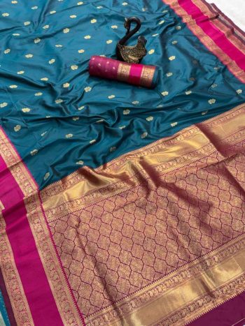 RICH LOOK KANJIVARAM SILK COPPER ZARI JAAL WEAVING WORK SAREE WITH UNSTITCHED BLOUSE TEAL