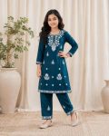 RICH LOOK SLUB COTTON EMBROIDERY WORK  KID'S TOP BOTTOM SET TEAL