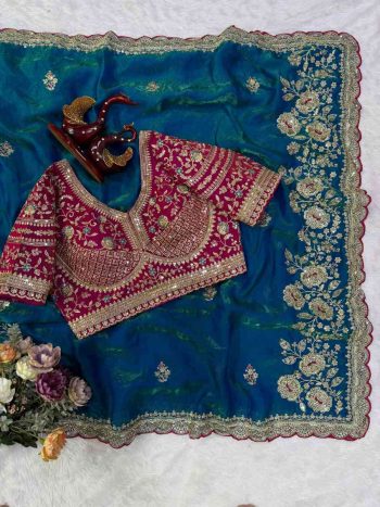 ATTRACTIVE SPACE SILK SEQUENCE AND ZARI EMBROIDERY WORK SAREE WITH STITCHED BLOUSE TEAL