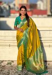 BOLLYWOOD SOFT SILK GALA PLAIN  WITH KADIYAL PAITHANI WEAVES WORK SAREE WITH UNSTITCHED BLOUSE YELLOW