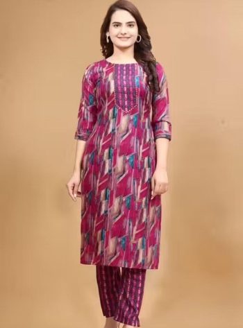 FANCY SLUB COTTON PRINTED WORK TOP PENT SET PINK