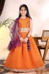 MODERN CHANDERI WEAVING DESIGN AND DORI LATKAN WORK KID'S LEHENGA CHOLI WITH DUPATTA ORANGE