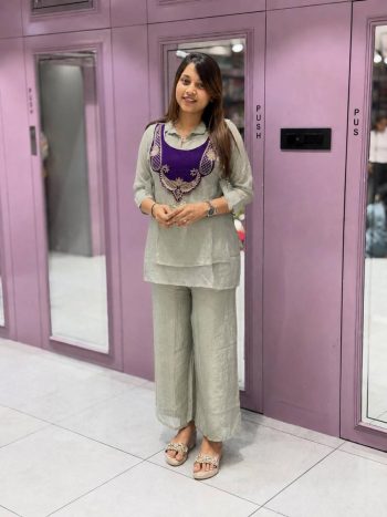 MODERN CRUNCHY SILK TOP AND PALAZZO SET WITH EMBROIDERY WORK WITH HANDWORK COIN HANGING WORK KOTI GREY