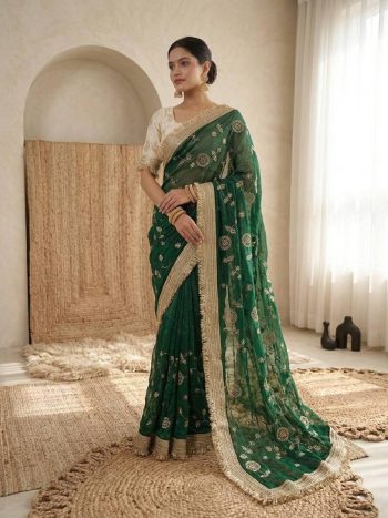MODERN FENDY SATIN SILK EMBROIDERY WITH CUTWORK BORDER SAREE WITH UNSTITCHED BLOUSE GREEN