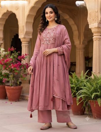 MODERN MUL CHANDERI EMBROIDERY WORK TOP BOTTOM WITH DUPATTA PINK