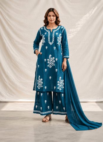 NEW ARRIVAL RAYON COTTON SILK EMBROIDERY CHIKANKARI WORK TOP PALAZZO WITH DUPATTA TEAL