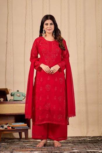 RICH LOOK GEORGETTE EMBROIDERY WORK TOP PALAZZO WITH DUPATTA RED