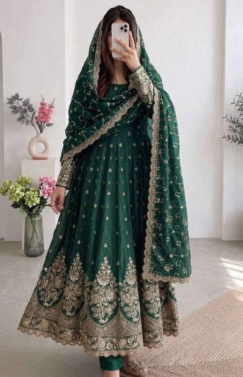 RICH LOOK JELLY SHIMMER SILK EMBROIDERY CODING & SEQUENCE WORK  GOWN BOTTOM WITH DUPATTA GREEN