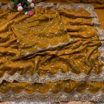 TRENDING SPACE SILK GOLD BEEDS BHUNGALI WORK  SAREE WITH UNSTITCHED BLOUSE MUSTARD