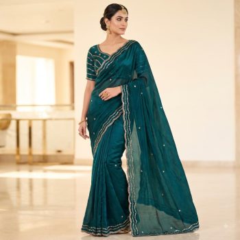 MODERN FANDY SATIN SILK ROSE GOLD  BEADS WORK WITH CUT  WORK BORDER SAREE WITH STITCH BLOUSE DARK GREEN